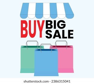 Vector illustration of learning with a large discount displayed in an art bag and the colorful roof of a shop.