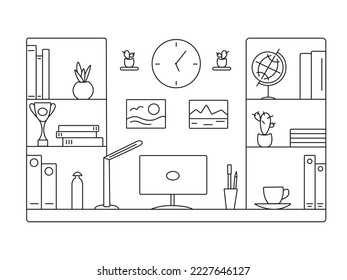 Vector illustration "Learning online" Black lines on a white background. Line art style. Idea for school poster, website. 