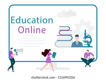 Vector illustration with learning people. Online education, online distance studying, teaching, learning concept. Online tutorial. E-learning school background Design for web page, presentation, print