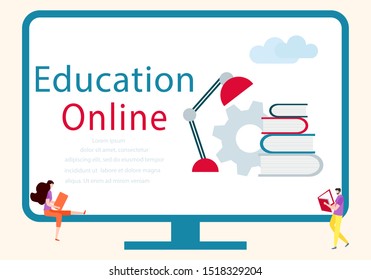 Vector illustration with learning people. Online education, online distance studying, teaching, learning concept. Online tutorial. E-learning school background Design for web page, presentation, print