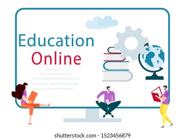 Vector illustration with learning people. Online education, online distance studying, teaching, learning concept. Online tutorial. E-learning school background Design for web page, presentation, print