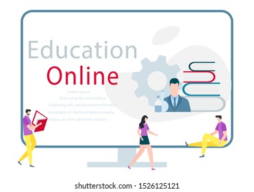 Vector illustration with learning people. Online education, online distance studying, teaching, learning concept. Online tutorial. E-learning school background Design for web page, presentation, print