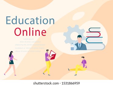 Vector illustration with learning people. Online education, online distance studying, teaching, learning concept. Online tutorial. E-learning school background Design for web page, presentation, print