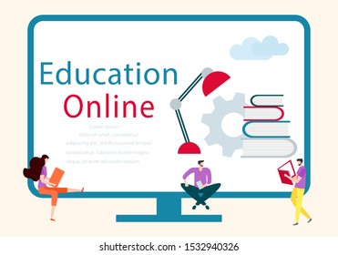 Vector illustration with learning people. Online education, online distance studying, teaching, learning concept. Online tutorial. E-learning school background Design for web page, presentation, print