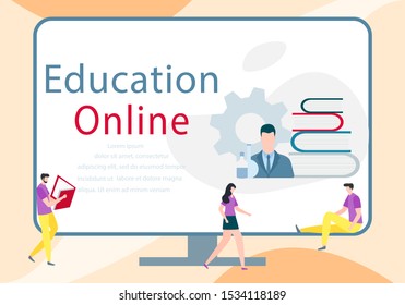 Vector illustration with learning people. Online education, online distance studying, teaching, learning concept. Online tutorial. E-learning school background Design for web page, presentation, print