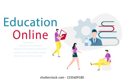 Vector illustration with learning people. Online education, online distance studying, teaching, learning concept. Online tutorial. E-learning school background Design for web page, presentation, print