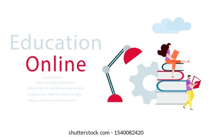 Vector illustration with learning people. Online education, online distance studying, teaching, learning concept. Online tutorial. E-learning school background Design for web page, presentation, print