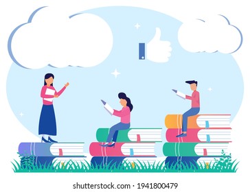 Vector illustration of learning progress as an expansion of the horizons of the educational concept. Gain knowledge with academic study and cognitive academic research. Students support each other.