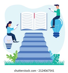 Vector Illustration Of Learning Progress As An Expansion Of The Horizons Of The Educational Concept. Gain Knowledge With Academic Study And Cognitive Academic Research. Students Support Each Other.