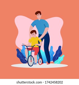 Vector illustration of learning to ride a bicycle with dad