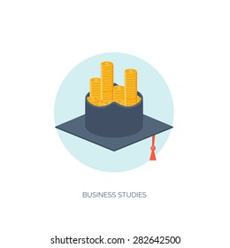 Vector illustration. Learning and studies, business skills. University and moneymaking.