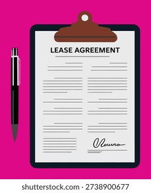 A vector illustration of a lease agreement document on a clipboard with a pen, set against a vibrant pink background, symbolizing contracts and legal paperwork.