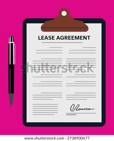 A vector illustration of a lease agreement document on a clipboard with a pen, set against a vibrant pink background, symbolizing contracts and legal paperwork.