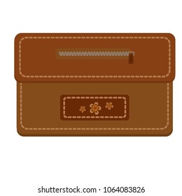 Vector illustration of leather brown purse with zipper and stitching, decorated with flowers, isolated on white background. For money and credit cards. Beautiful gift