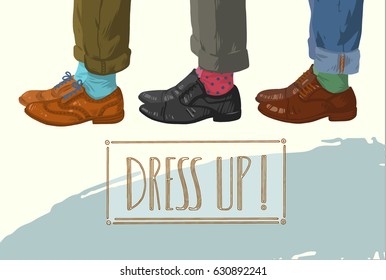 Vector illustration of leather men shoes on white background with phrase- Dress up! design for holiday greeting card, invitation and store advertising.