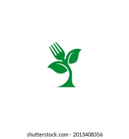vector illustration of leaves and cutlery. organic food logo, food and drink icon, healthy food symbol