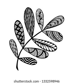 Vector illustration leaves and in doodle style. Floral, ornate, decorative, tribal vector design elements. Black and white background. Zentangle hand drawn coloring book page