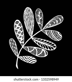 Vector illustration leaves and in doodle style. Floral, ornate, decorative, tribal vector design elements. Black and white background. Zentangle hand drawn coloring book page