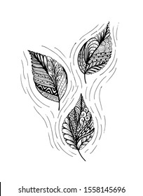 Hojas de ilustración vectorial y en estilo doodle. Elementos florales, ornamentales, decorativos, de diseño tribal vectorial. Fondo blanco y negro. Página del libro de colorantes dibujado a mano de Zentangle