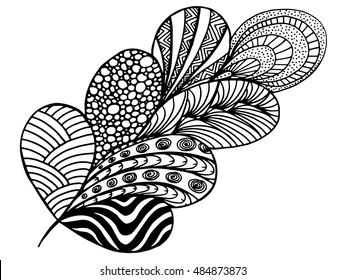 Vector illustration leaves and in doodle style. Floral, ornate, decorative, tribal vector design elements. Black and white background. Zentangle hand drawn coloring book page