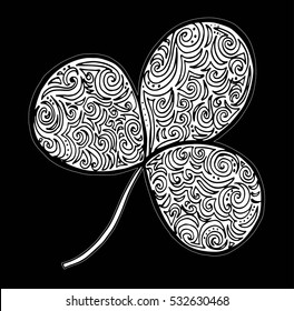 Vector illustration leaves and in doodle style. Floral, ornate, decorative, tribal vector design elements. Black and white background. Zentangle hand drawn coloring book page