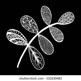 Vector illustration leaves and in doodle style. Floral, ornate, decorative, tribal vector design elements. Black and white background. Zentangle hand drawn coloring book page