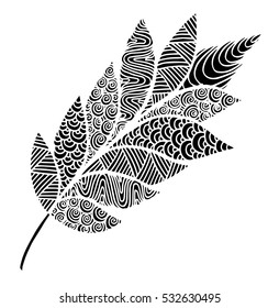 Vector illustration leaves and in doodle style. Floral, ornate, decorative, tribal vector design elements. Black and white background. Zentangle hand drawn coloring book page