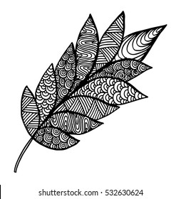 Vector illustration leaves and in doodle style. Floral, ornate, decorative, tribal vector design elements. Black and white background. Zentangle hand drawn coloring book page