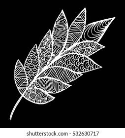 Vector illustration leaves and in doodle style. Floral, ornate, decorative, tribal vector design elements. Black and white background. Zentangle hand drawn coloring book page