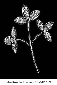Vector illustration leaves and in doodle style. Floral, ornate, decorative, tribal vector design elements. Black and white background. Zentangle hand drawn coloring book page