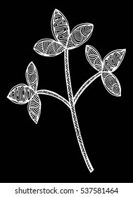 Vector illustration leaves and in doodle style. Floral, ornate, decorative, tribal vector design elements. Black and white background. Zentangle hand drawn coloring book page