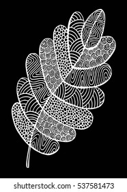 Vector illustration leaves and in doodle style. Floral, ornate, decorative, tribal vector design elements. Black and white background. Zentangle hand drawn coloring book page