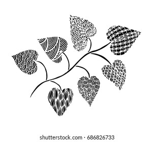 Vector illustration leaves and in doodle style. Floral, ornate, decorative, tribal vector design elements. Black and white background. Zentangle hand drawn coloring book page
