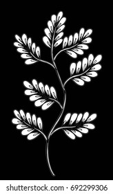 Vector illustration leaves and in doodle style. Floral, ornate, decorative, tribal vector design elements. Black and white background. Zentangle hand drawn coloring book page