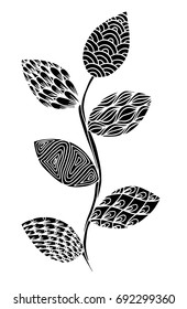 Vector illustration leaves and in doodle style. Floral, ornate, decorative, tribal vector design elements. Black and white background. Zentangle hand drawn coloring book page