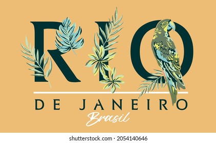 Vector illustration of leaves, flowers and macaw with the word Rio de Janeiro in the background.