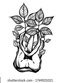 Vector illustration. Leaves grow from the tooth, print on t-shirt, line art style, Handmade, tattoo