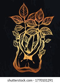 Vector illustration. Leaves grow from the tooth, print on t-shirt, line art style, Handmade, background chalkboard