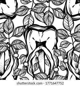 Vector illustration. Leaves grow from the tooth, print on t-shirt, line art style, Handmade, light  background, seamless pattern