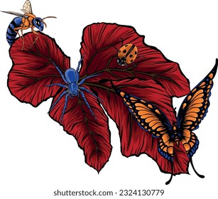 vector illustration of leaves with insect on white background