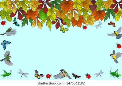 Vector illustration, leaves, insects, birds on the background for text