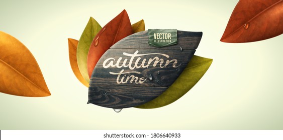 Ilustración vectorial. Hojas y madera en forma de hoja. Otoño, concepto de caída.