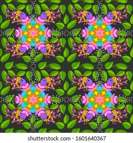 Vector illustration. Leaves on green, violet and gray background. Seamless realistic green, violet and gray Leaves Pattern Background Bright Nature Foliage Movement for Poster.