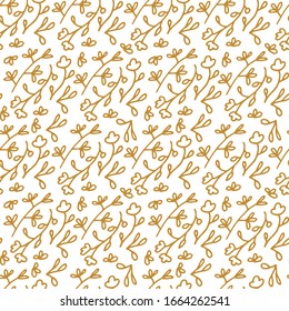 Vector illustration of leaves pattern. Floral organic background. Hand drawn leaf texture. Gold broun color. 