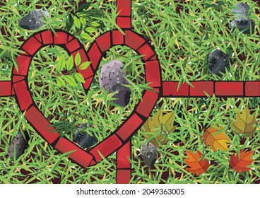 vector illustration of leaves and pebbles scattered on a green pile. beautiful organic waste. Use these illustrations to decorate articles and page backgrounds. put a quote on it