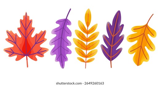 Ilustração vetorial de folhas, pinheiro, carvalho, bordo, isolado no fundo branco. Adequado para design botânico e elementos decorativos.