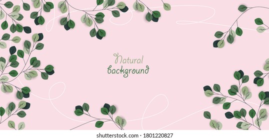 Vector illustration with leaves. Romantic pink background with branches for invitations