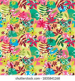 Vector illustration of leaves of rowan, maple, birch, fern. Tropical branches. Autumn seamless floral pattern.