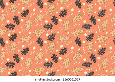 Vector illustration of leaves seamless pattern, Floral organic background, Russian style. Hand drawn leaf texture, Vector illustration
