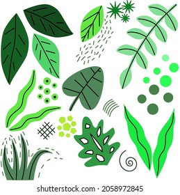 Ilustración vectorial de hojas.  Arte de verano en tonos verdes.  Imagen para afiches, carteles, postales.